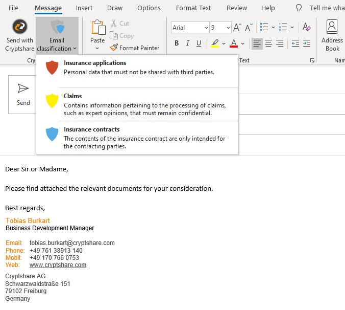 Email data classification in Outlook