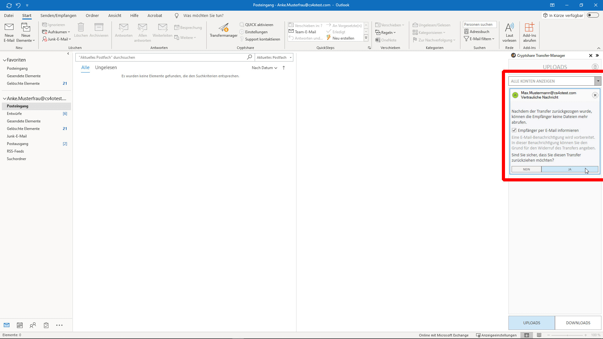 E-Mail zurückrufen in Outlook - Bestätigen Sie, dass Sie den Transfer zurückrufen möchten