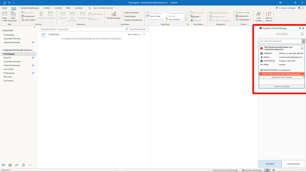 E-Mail zurückrufen in Outlook - Nun sehen Sie den Status, dass der Transfer zurückgerufen wurde
