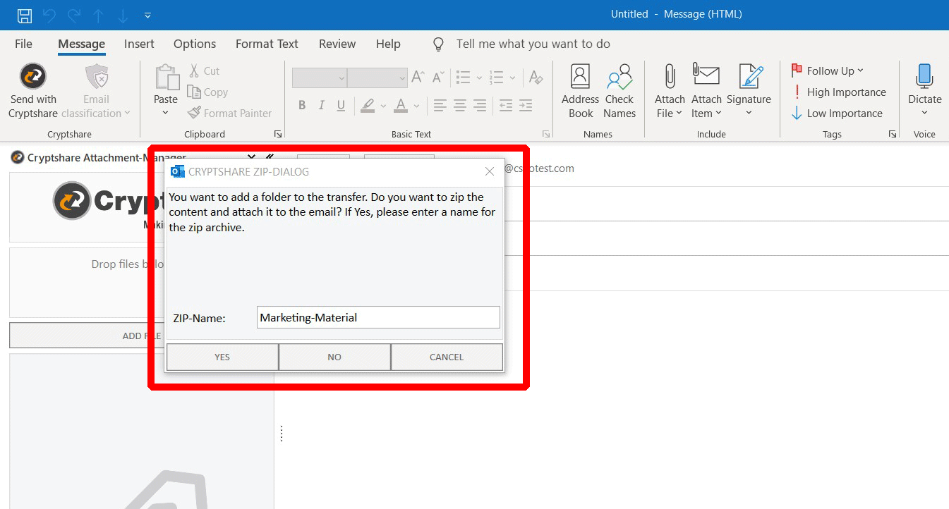 Attach folder to an email in Outlook - Enter name of ZIP archive